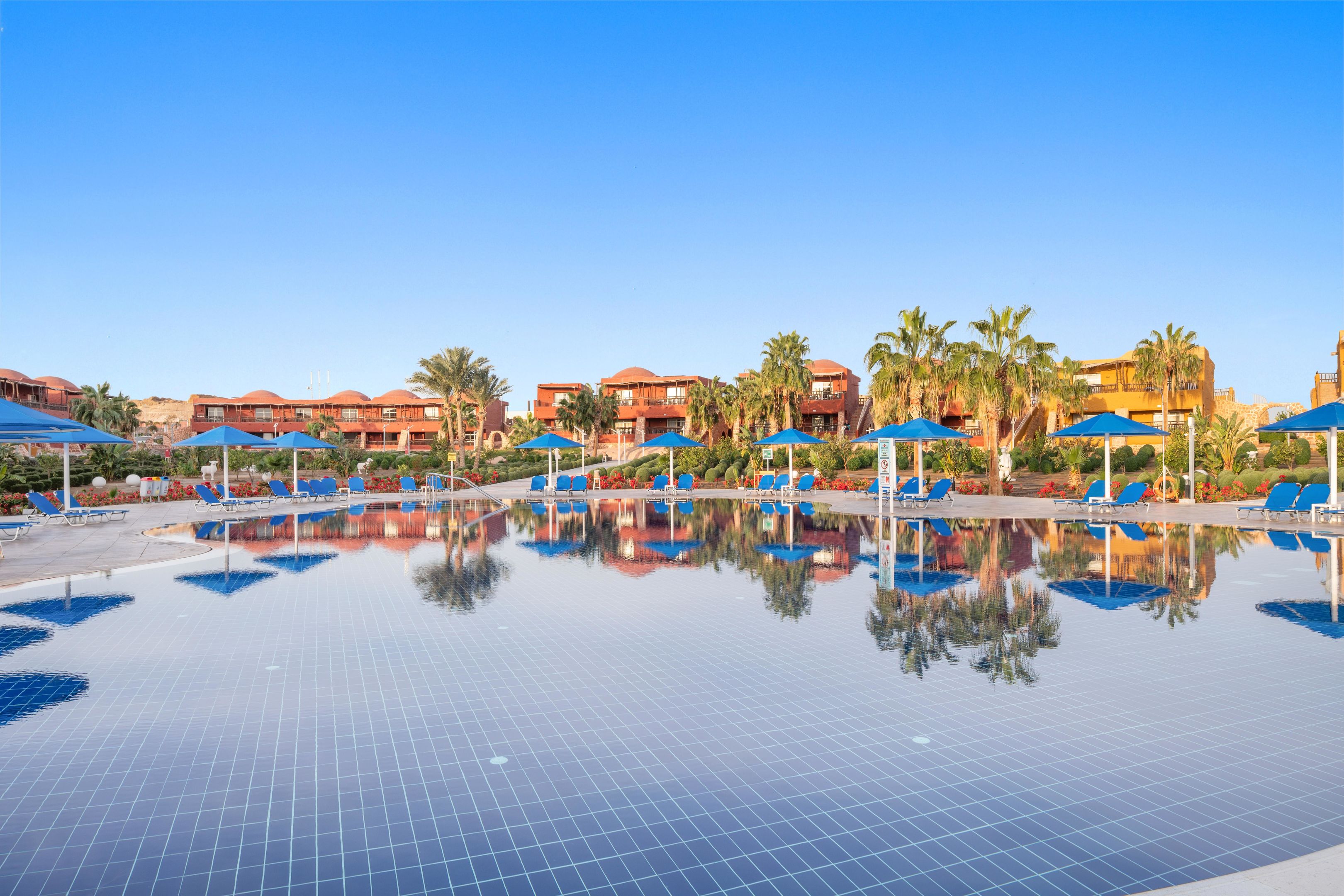 Luxe zwembad met kleurrijke accommodaties